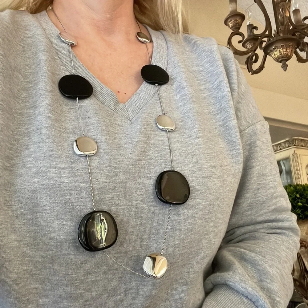 J. Jill Boho Artisan Organic Long Silvertone & Wood Disc Station Necklace - Picture 4 of 4